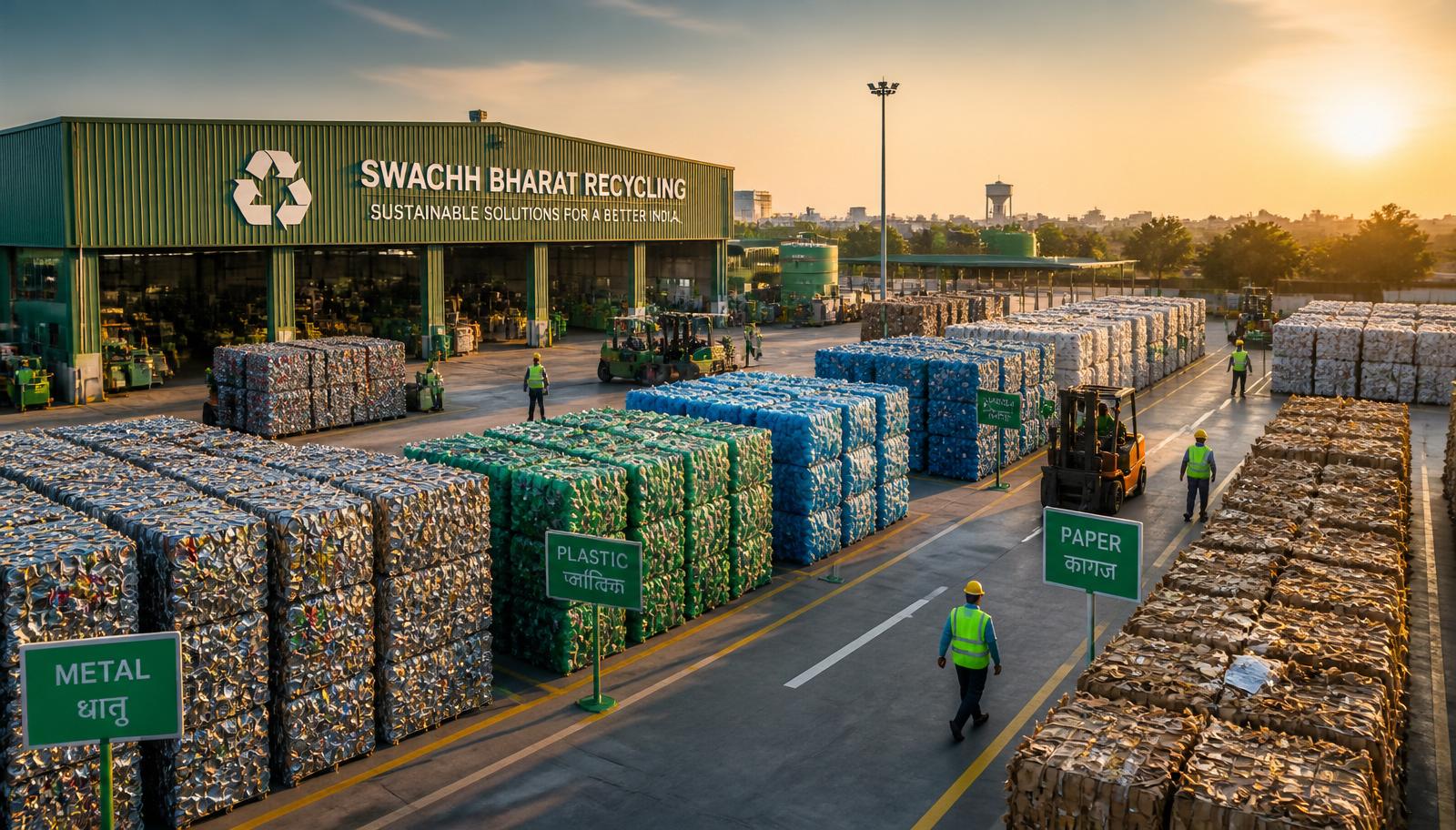 Recycler yard with sorted material bales